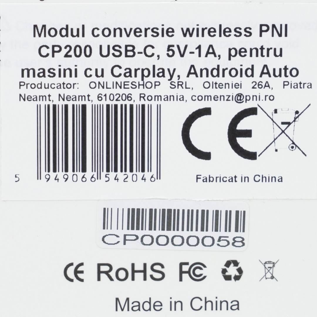 Modul conversie wireless PNI CP200 USB-C, 5V-1A, pentru masini cu Carplay, Android Auto din fabrica prin cablu