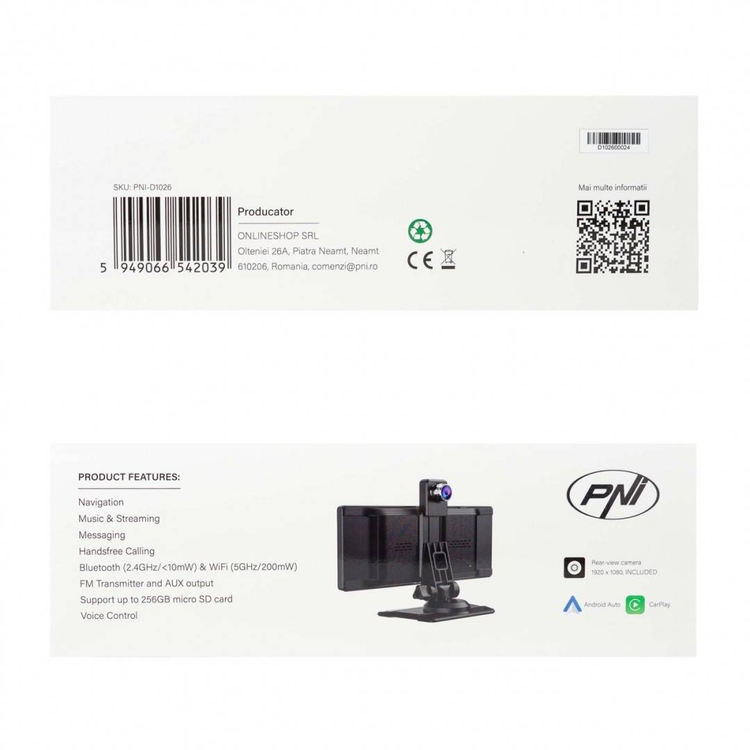 Monitor auto cu DVR PNI D1026 10.26 inch, wireless Carplay, navigatie, muzica, handsfree, bluetooth, FM transmitter