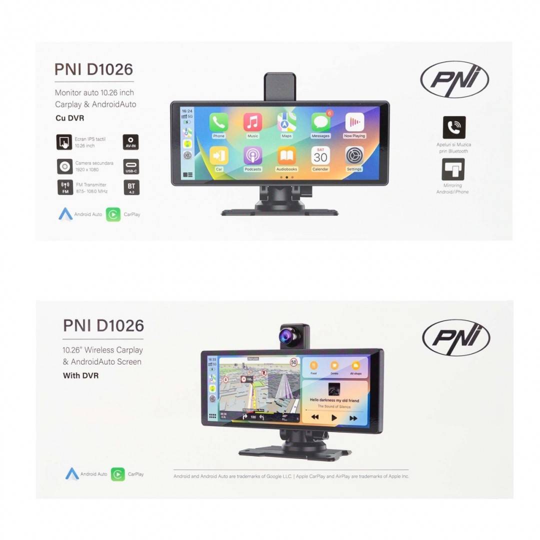 Monitor auto cu DVR PNI D1026 10.26 inch, wireless Carplay, navigatie, muzica, handsfree, bluetooth, FM transmitter