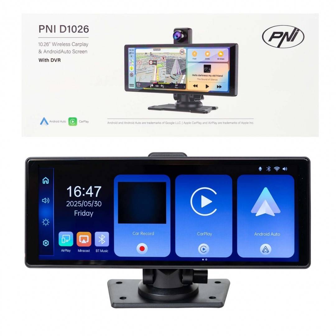 Monitor auto cu DVR PNI D1026 10.26 inch, wireless Carplay, navigatie, muzica, handsfree, bluetooth, FM transmitter