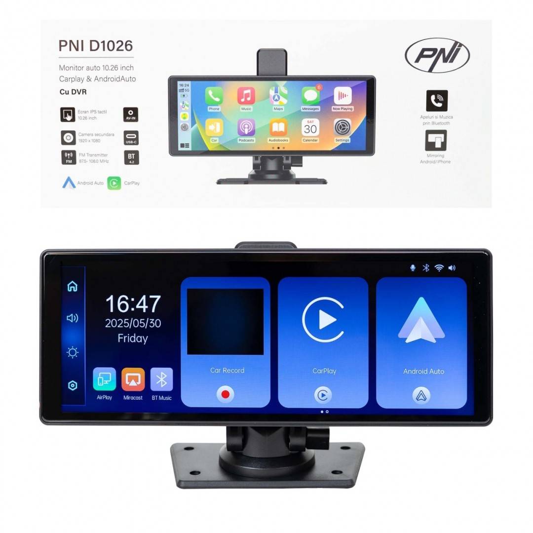 Monitor auto cu DVR PNI D1026 10.26 inch, wireless Carplay, navigatie, muzica, handsfree, bluetooth, FM transmitter