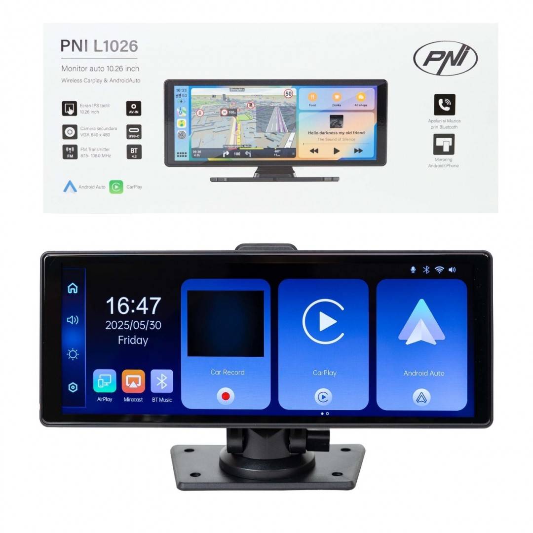 Monitor auto PNI L1026 10.26 inch, wireless Carplay, navigatie, muzica, handsfree, bluetooth, FM transmitter