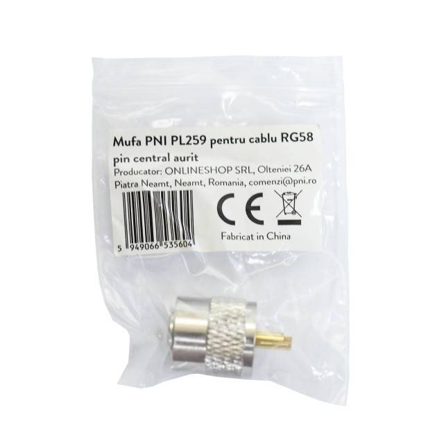 Mufa PNI PL259 short pentru cablu RG58 cu pin central aurit 6 mm
