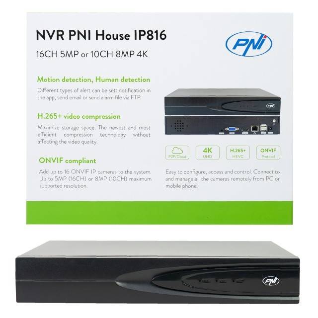 NVR PNI House IP816 cu 16 canale IP 5MP sau 10 canale 8MP 4K