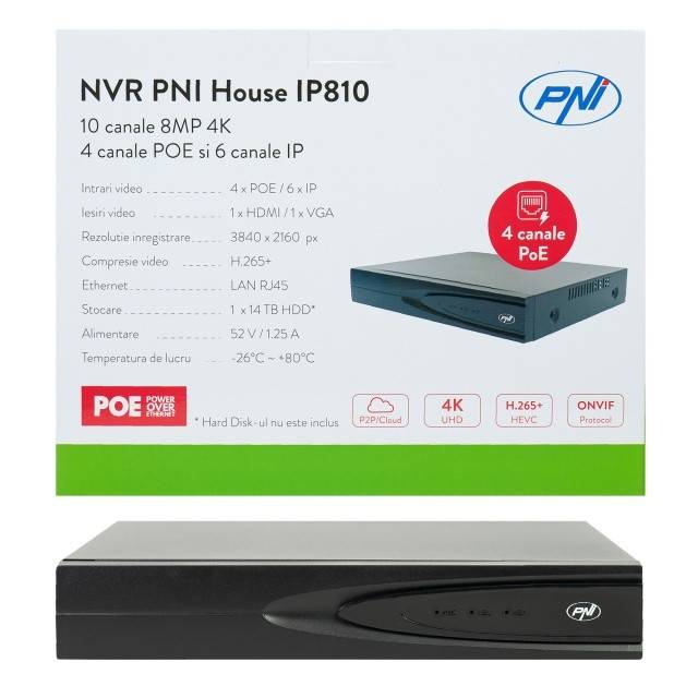 NVR POE PNI House IP810 cu 10 canale 4K 8MP, 4 canale POE si 6 canale IP functii AI