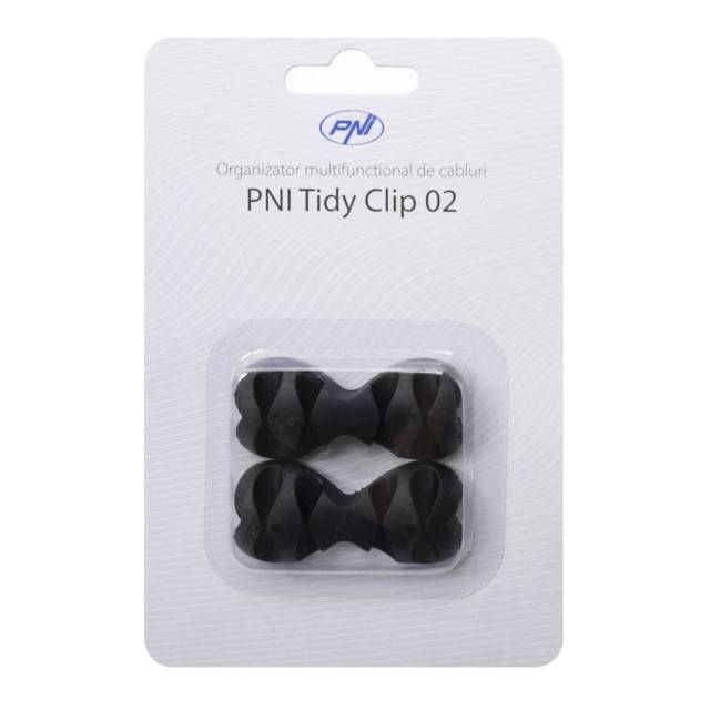 Organizator multifunctional cabluri PNI Tidy Clip 02, silicon flexibil, autoadeziv, pentru 8 cabluri 4x2 cu diametru de 6 mm, negru, set 2 bucati