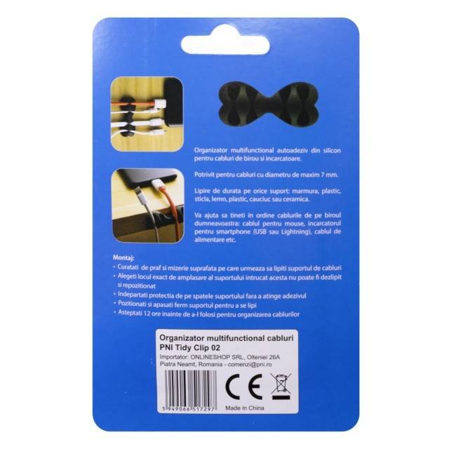 Organizator multifunctional cabluri PNI Tidy Clip 02, silicon flexibil, autoadeziv, pentru 8 cabluri 4x2 cu diametru de 6 mm, negru, set 2 bucati