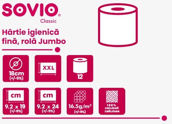 Pachet 12 buc. Hartie igienica fina, rola 500 foi, 2 straturi SOVIO Jumbo