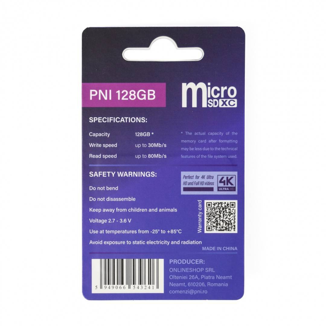 Pachet 2 bucati Card de memorie MicroSD PNI 128GB Clasa 10, 80 Mb/s, V30 cu adaptoare SD incluse