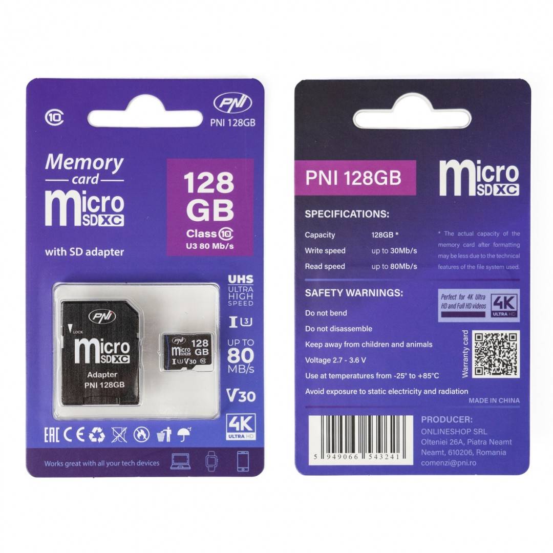 Pachet 2 bucati Card de memorie MicroSD PNI 128GB Clasa 10, 80 Mb/s, V30 cu adaptoare SD incluse