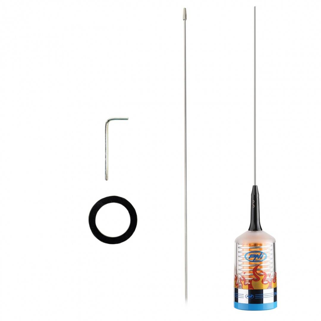 Pachet Antena CB PNI TRUCKER 9000 PL cu LED, lungime 140 cm, 26-28MHz, 1000W cu sticky Pad Drapel inclus