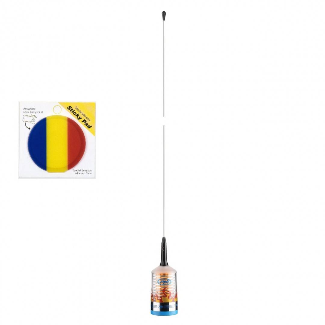 Pachet Antena CB PNI TRUCKER 9000 PL cu LED, lungime 140 cm, 26-28MHz, 1000W cu sticky Pad Drapel inclus