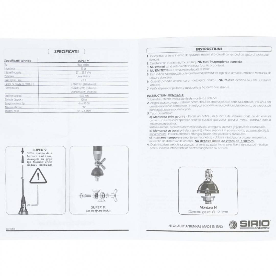 Pachet Antena CB Sirio SUPER 9 cu fluture, lungime 155 cm si Sticky Pad Drapel inclus