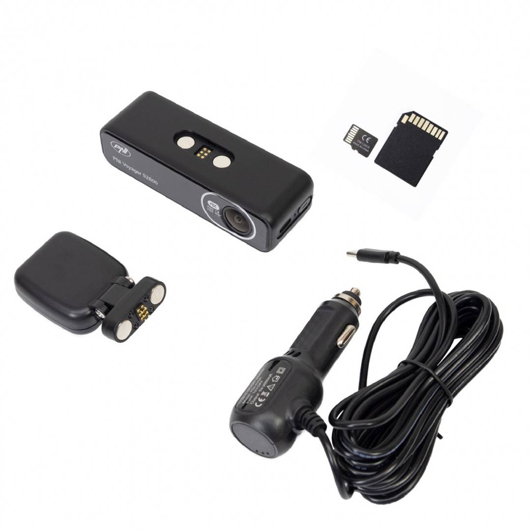 Pachet Camera auto DVR PNI Voyager S2600, WiFi, 4K Ultra HD, GPS si card de memorie microSD 128GB inclus