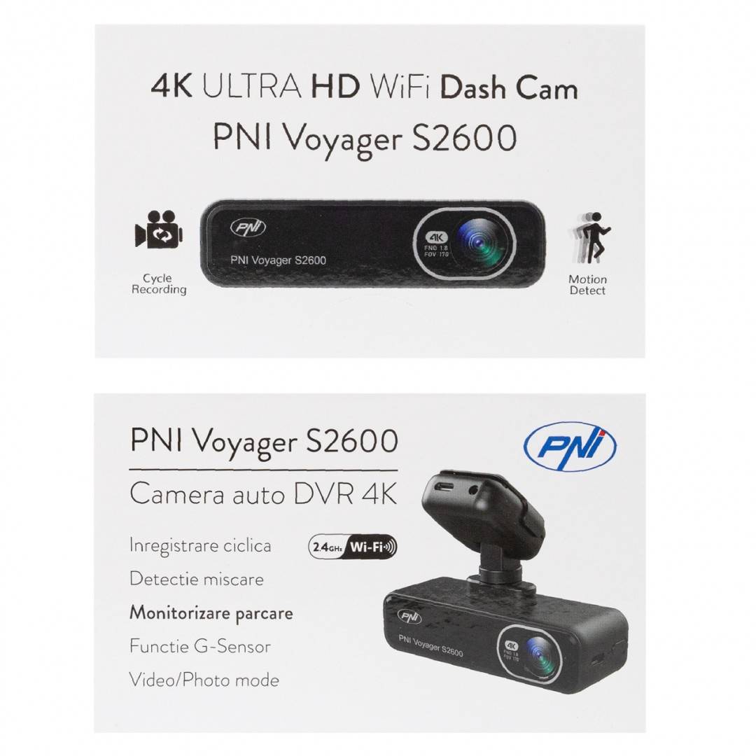 Pachet Camera auto DVR PNI Voyager S2600, WiFi, 4K Ultra HD, GPS si card de memorie microSD 128GB inclus