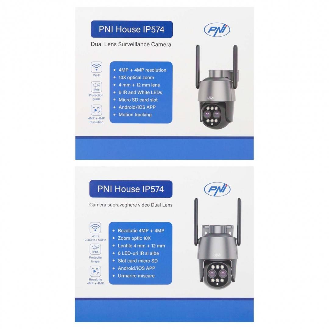 Pachet Camera supraveghere video PNI House IP574 cu Wi-Fi, PTZ, dual lens cu sticky Pad Drapel inclus