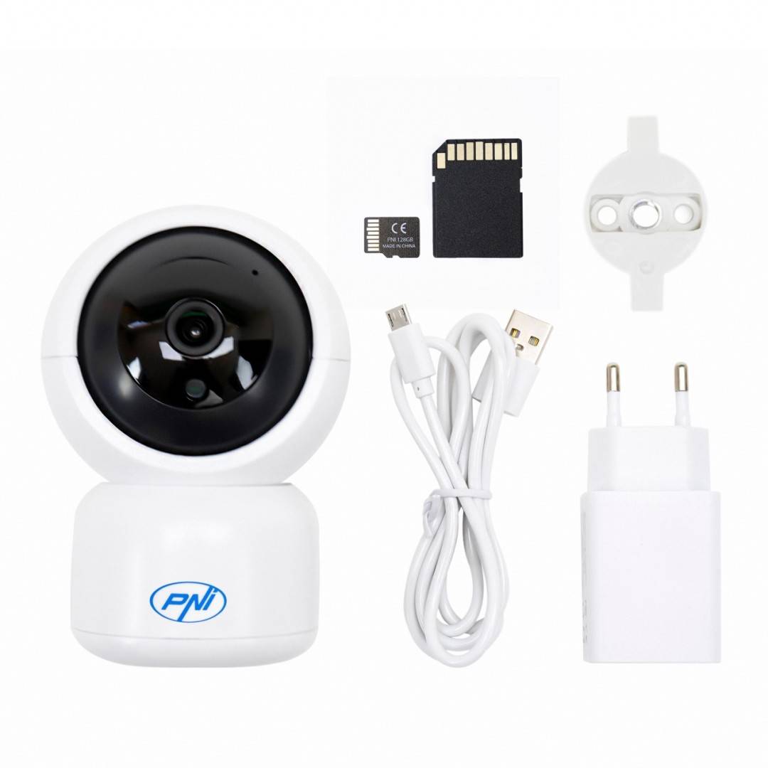 Pachet Camera supraveghere video PNI IP390T 1080P cu PTZ WiFi H264+Card de memorie MicroSD PNI 128GB cu adaptor SD