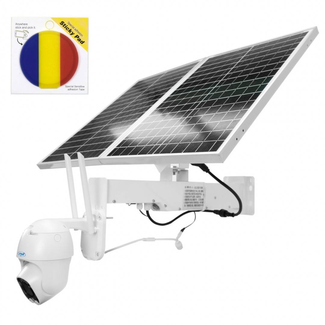 Pachet camera supraveghere video PNI IP60 live PTZ cu panou solar, 2MP, GSM 4G si Sticky Pad Drapel inclus