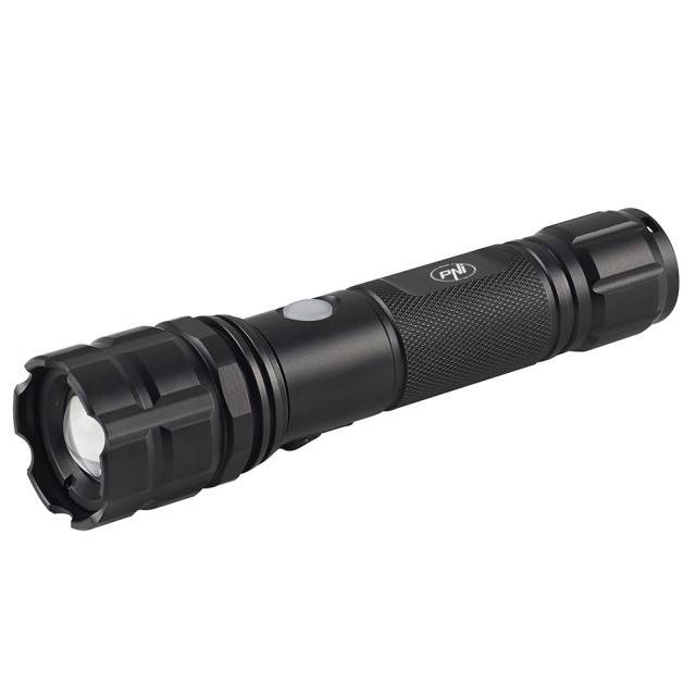 Pachet lanterna PNI Adventure F10 din aluminiu cu LED 6W, 500lm pana la 200m focus, cu acumulator si alimentator PNI CHG300 cu port USB C, QC3.0,