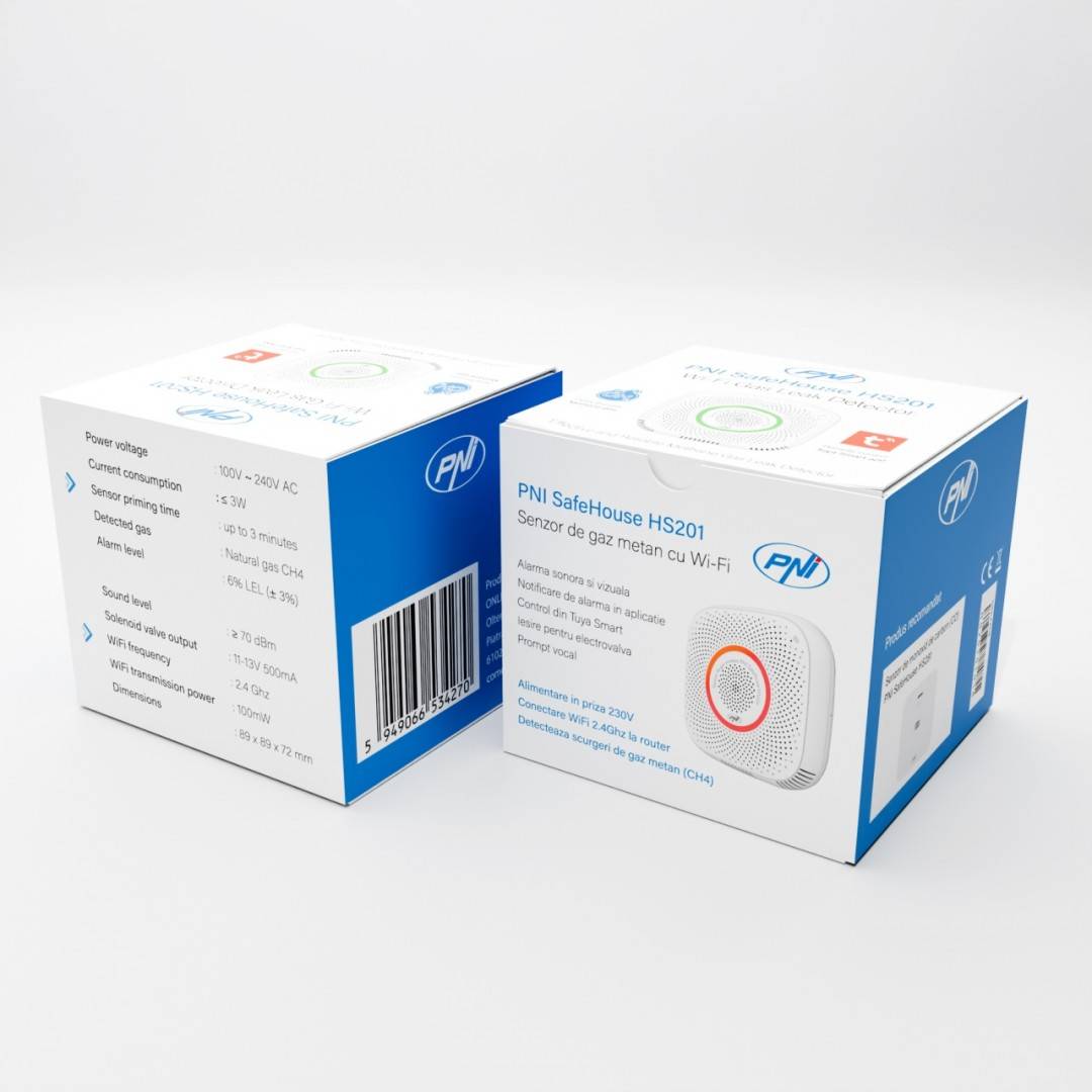 Pachet senzor de gaz metan (CH4) PNI SafeHouse HS201 cu Wi-Fi, Tuya Smart si Sticky Pad Drapel inclus
