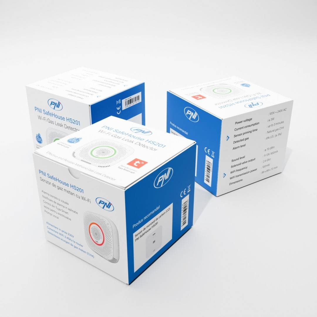 Pachet senzor de gaz metan (CH4) PNI SafeHouse HS201 cu Wi-Fi, Tuya Smart si Sticky Pad Drapel inclus