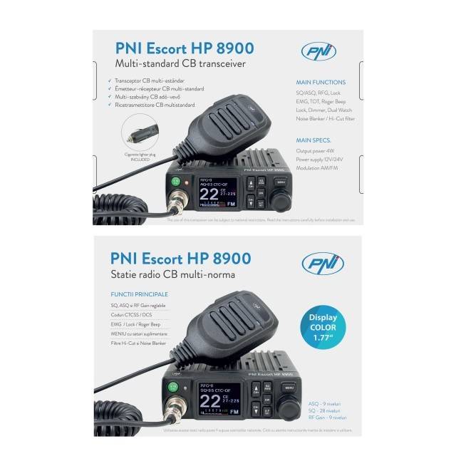 Pachet Statie radio CB PNI Escort HP 8900 ASQ, 12-24V + Antena CB PNI ML100 cu baza magnetica, alimentare 12V/24V, RF Gain, Roger Beep, CTCSS-DCS,