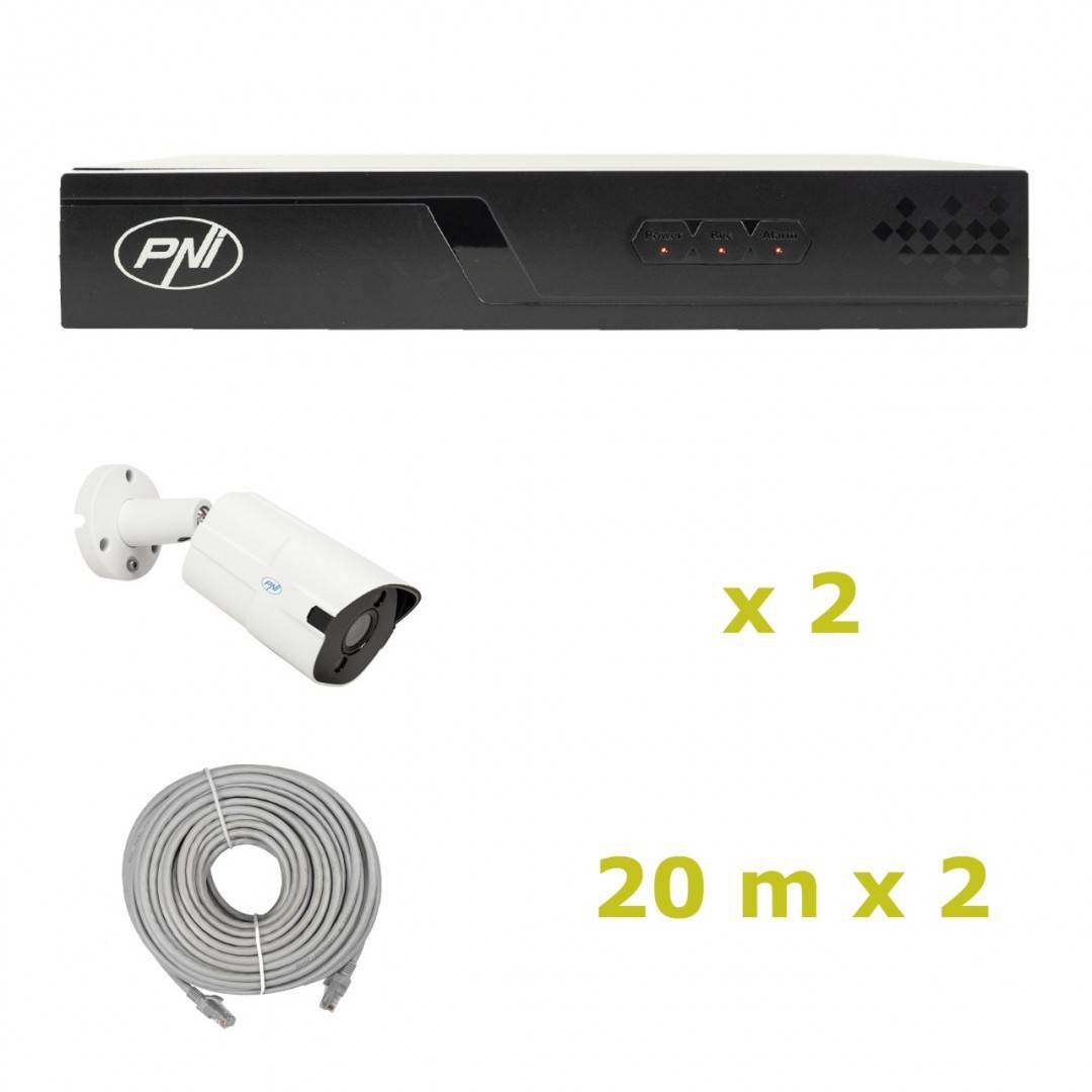 Pachet supraveghere video NVR POE PNI House IP710J, 2 camere PNI IP818J 8MP si 2 cabluri UTP CAT6 20 metri incluse