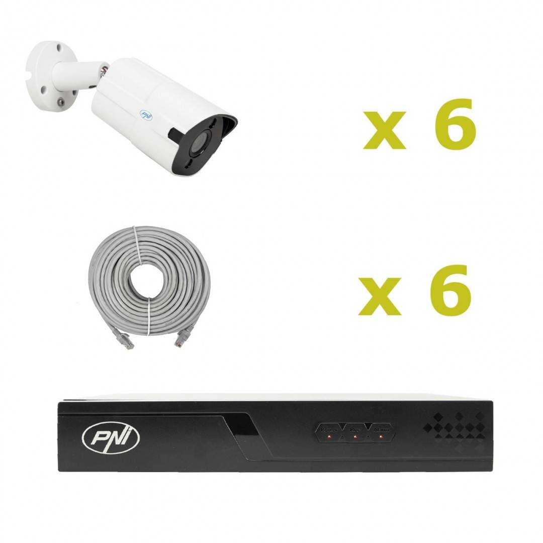 Pachet supraveghere video NVR POE PNI House IP716J, 6 camere PNI IP818J 8MP si 6 cabluri UTP CAT6 20 metri incluse