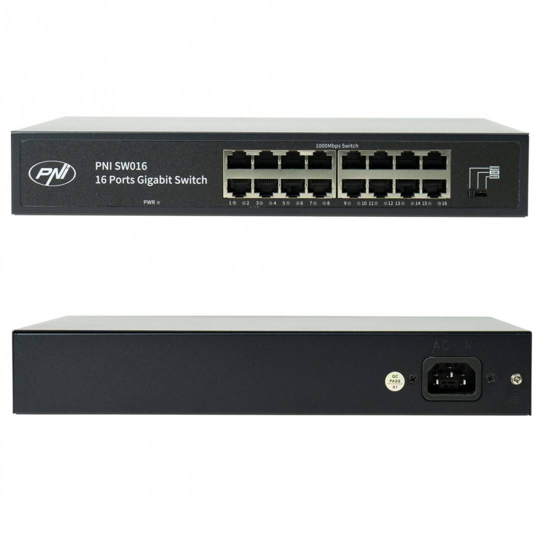Pachet Switch PNI SW016, 16 x 10/100/1000 Mbps, Gigabit, carcasa metalica si patch 1.5m CAT8 PNI U8015W