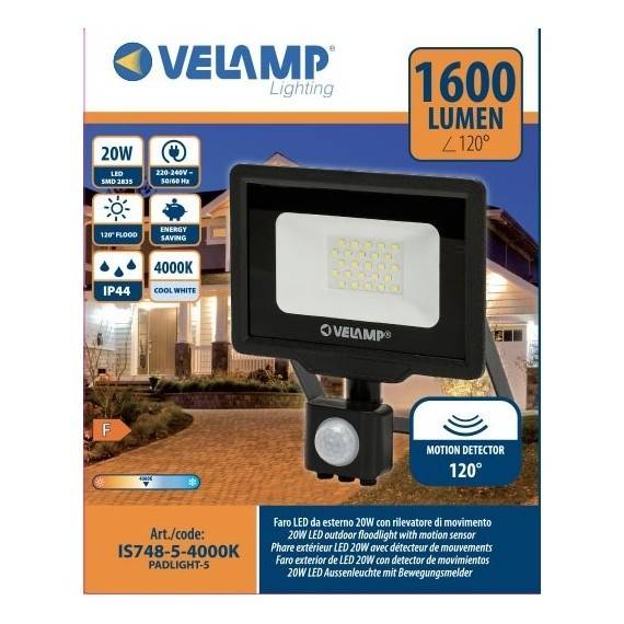 PADLIGHT5: Proiector LED SMD 20W, IP44, negru, 4000K, cu senzor IR