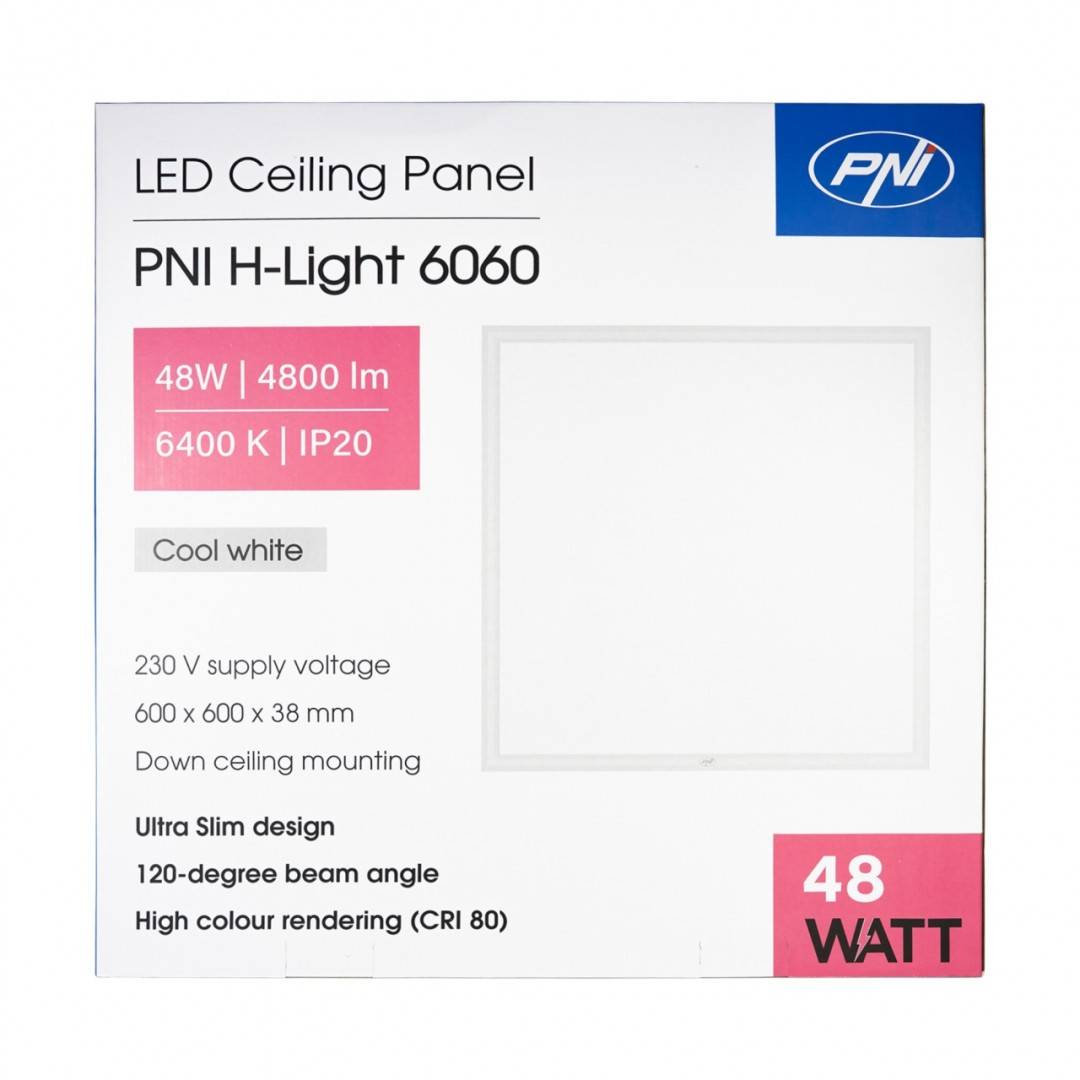 Panou LED PNI H-Light 6060 48W, 600x600mm, 4800lm, 6400K, de interior, incastrabil, alb rece