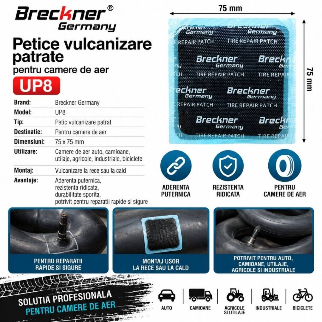 Petice vulcanizare patrate 75x75mm UP8 pentru camere de aer Breckner Germany