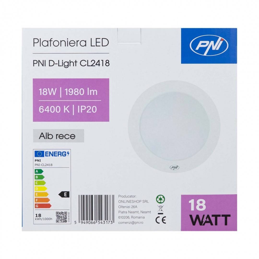 Plafoniera LED PNI D-Light CL2418 18W, rotunda 21.7 cm, 6400K, 230V, 1980 lm, alb rece