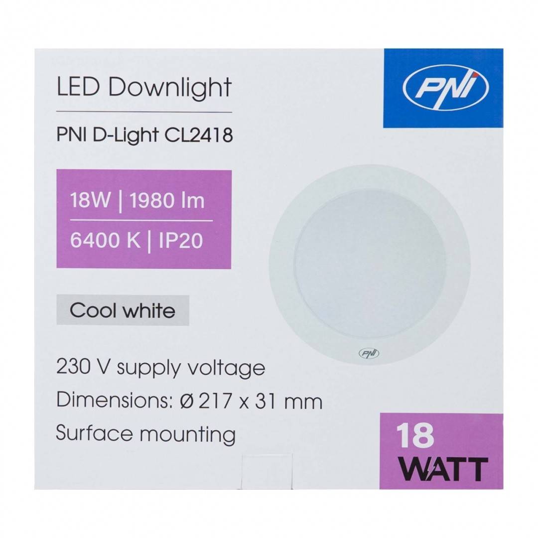 Plafoniera LED PNI D-Light CL2418 18W, rotunda 21.7 cm, 6400K, 230V, 1980 lm, alb rece