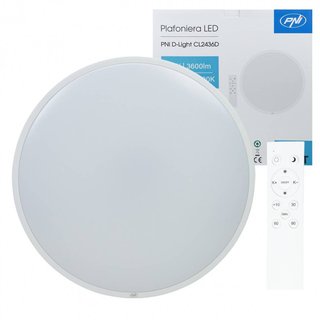 Plafoniera LED PNI D-Light CL2436D 36W, dimabila, cu telecomanda, rotunda 41 cm, 3000K-6500K, alimentare 230V, 3600 lm, alb