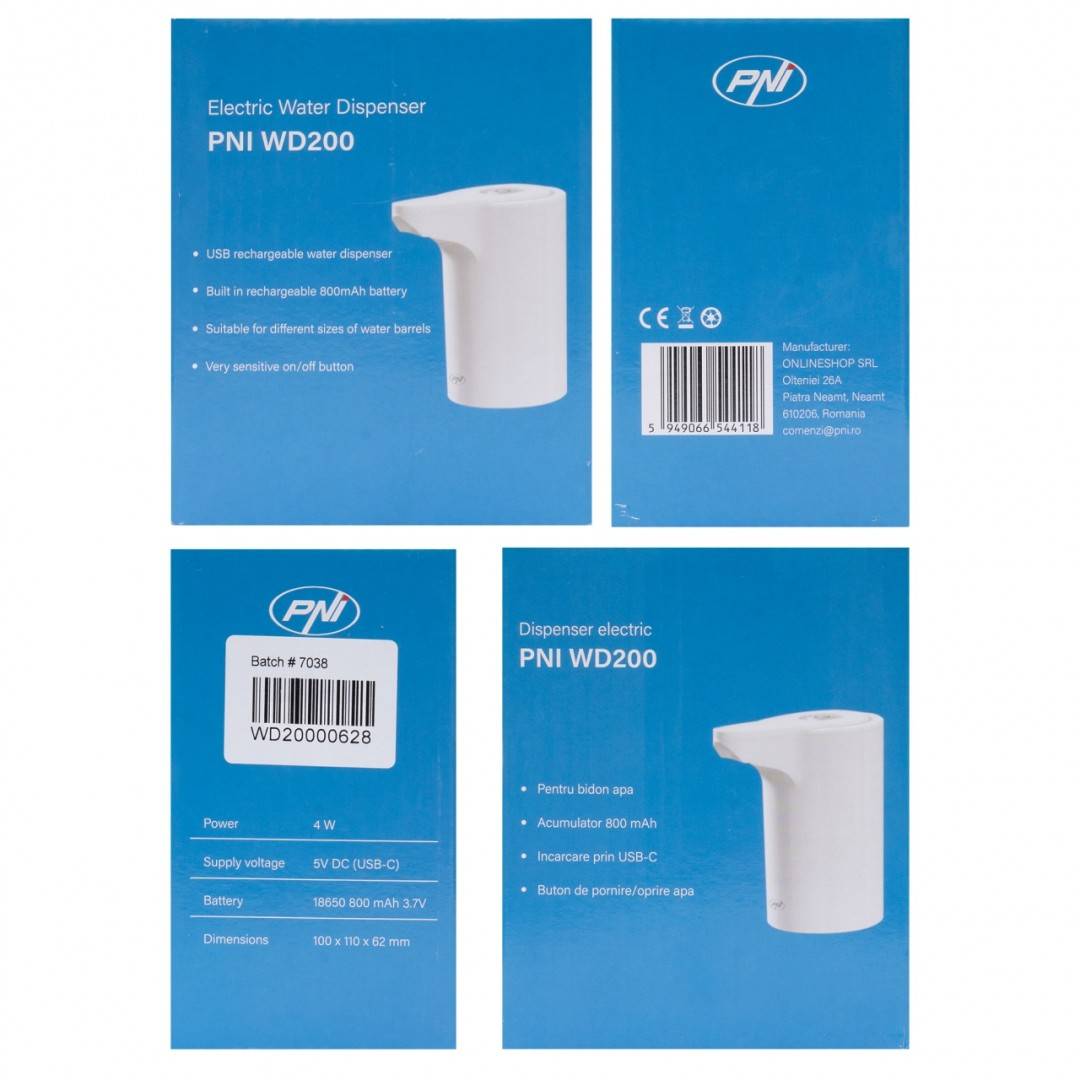 Pompa electrica pentru bidon de apa PNI WD200 incarcare prin USB-C, acumulator 800 mAh
