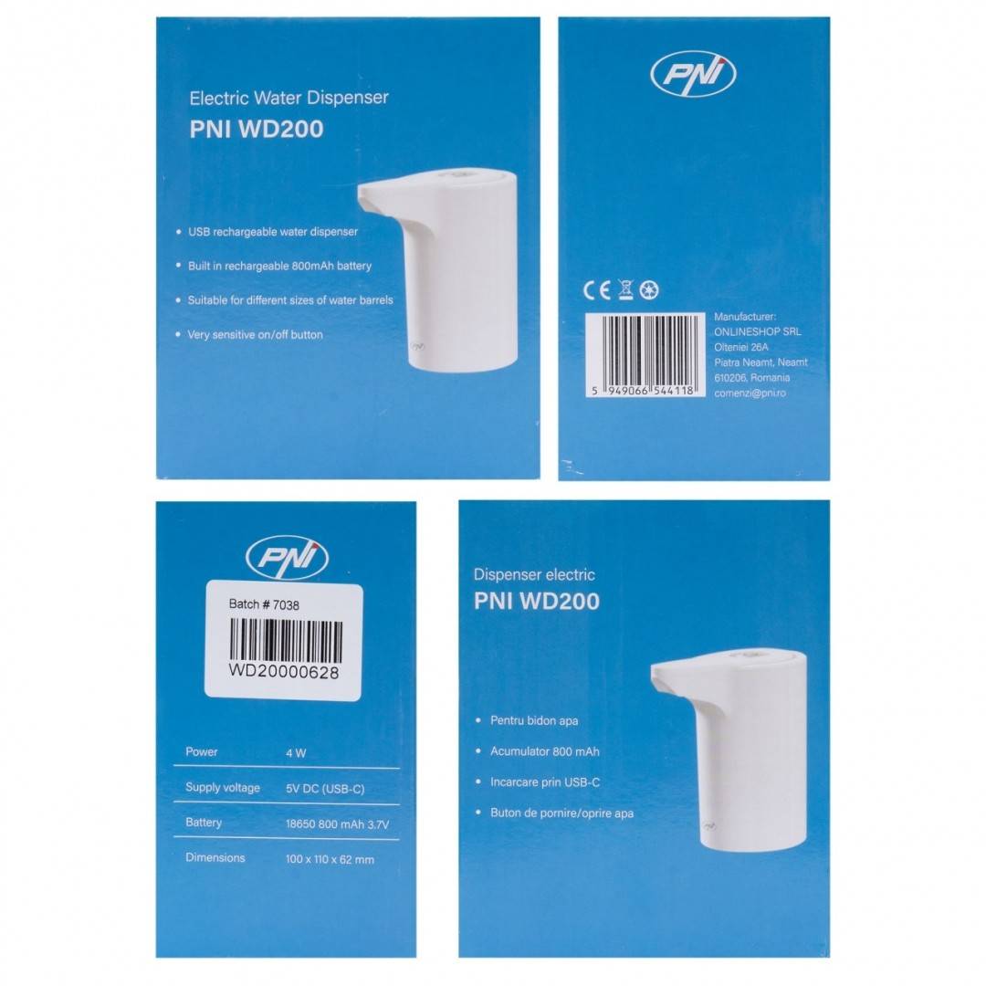 Pompa electrica pentru bidon de apa PNI WD200 incarcare prin USB-C, acumulator 800 mAh