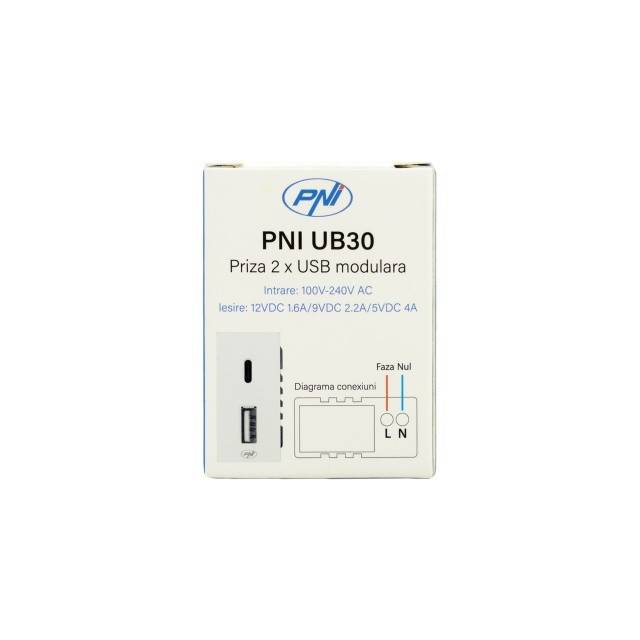 Priza alimentare 2 x USB PNI UB30, USB-A USB-C, 12V/9V/5V, max. 20W, modulara, tip F 1/2, montaj incastrat