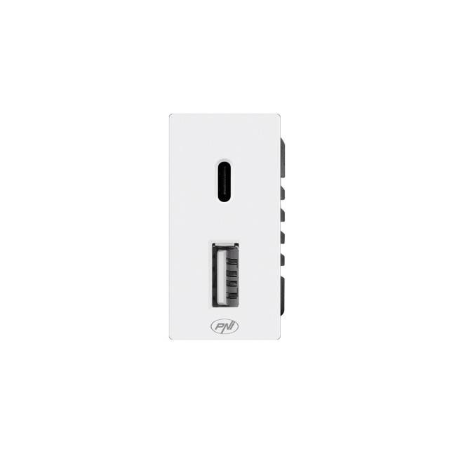 Priza alimentare 2 x USB PNI UB30, USB-A USB-C, 12V/9V/5V, max. 20W, modulara, tip F 1/2, montaj incastrat
