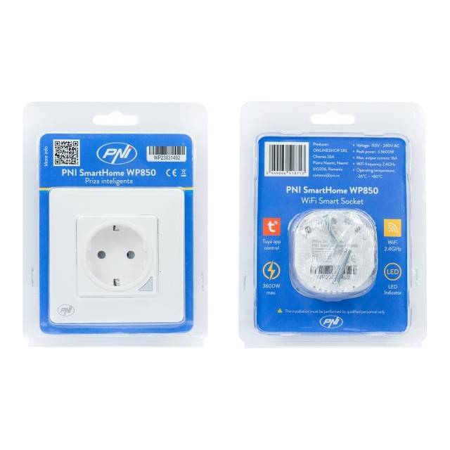 Priza inteligenta PNI SmartHome WP850 WiFi, montaj ingropat, control prin internet, aplicatie dedicata Tuya Smart, compatibila Amazon Alexa si Google