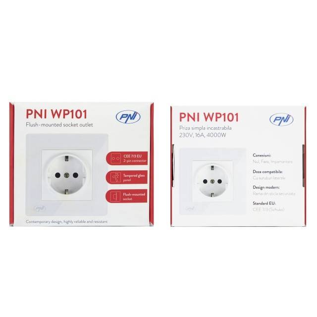Priza simpla incastrabila PNI WP101 cu rama din sticla, 16A, 3700W, 230V