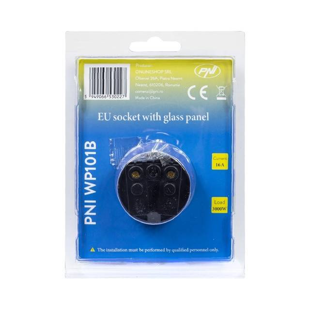 Priza simpla incastrabila PNI WP101B, cu rama din sticla, 16A, 3700W, 230V, negru