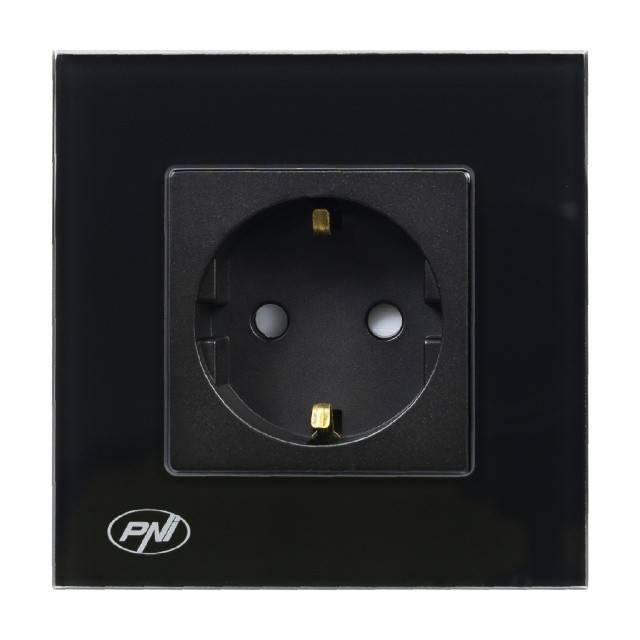Priza simpla incastrabila PNI WP101B, cu rama din sticla, 16A, 3700W, 230V, negru