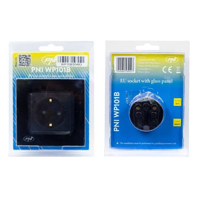 Priza simpla incastrabila PNI WP101B, cu rama din sticla, 16A, 3700W, 230V, negru