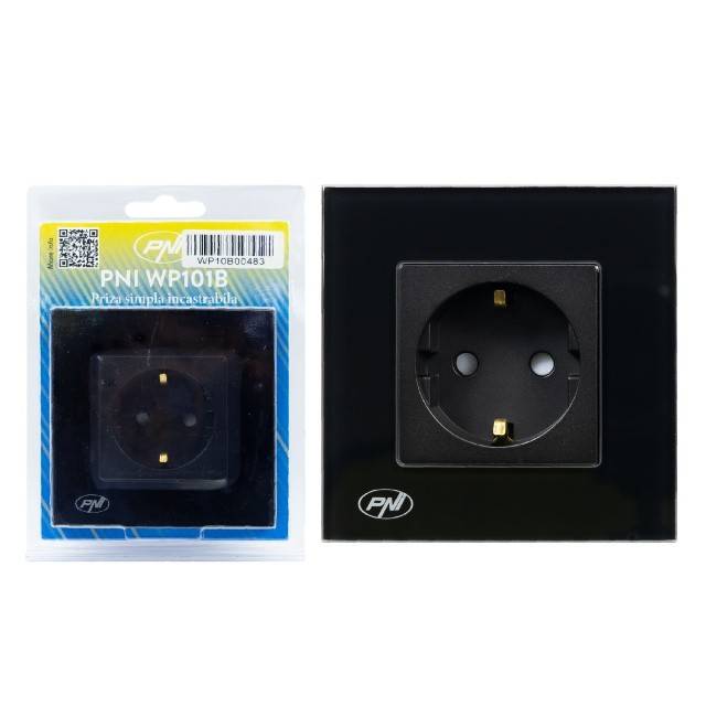 Priza simpla incastrabila PNI WP101B, cu rama din sticla, 16A, 3700W, 230V, negru