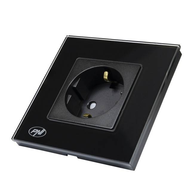 Priza simpla incastrabila PNI WP101B, cu rama din sticla, 16A, 3700W, 230V, negru