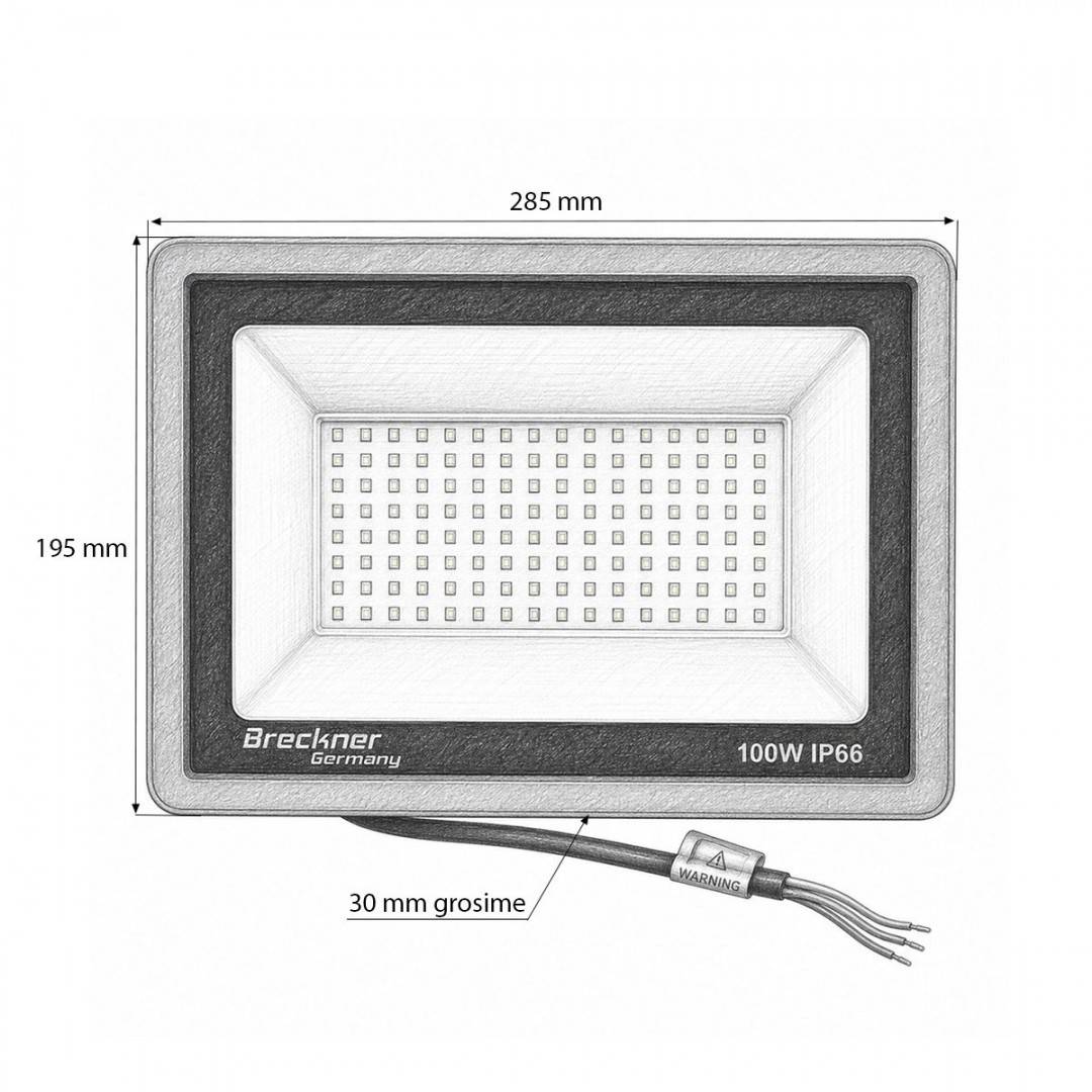 Proiector LED 100W, 100-265V, 6500K, 10000lm tip Flood 285x195x30mm IP66 Breckner Germany