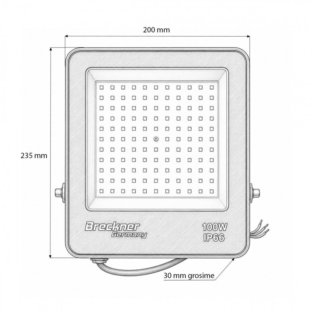 Proiector LED 100W, 220V, 6500K, 9000lm tip Flood 235x200x30mm IP66 Breckner Germany
