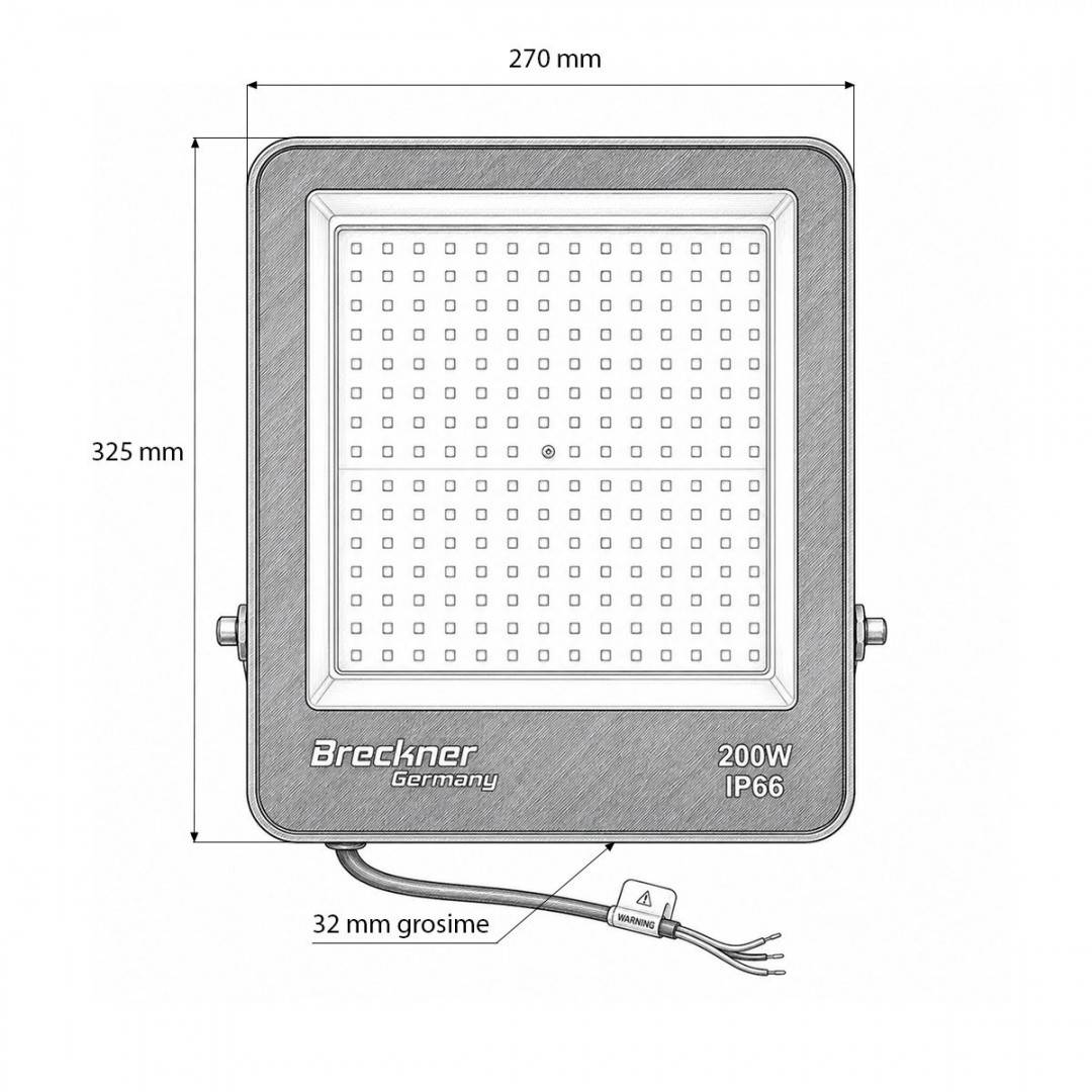 Proiector LED 200W, 220V, 6500K, 18000lm tip Flood 325x270x32mm IP66 Breckner Germany