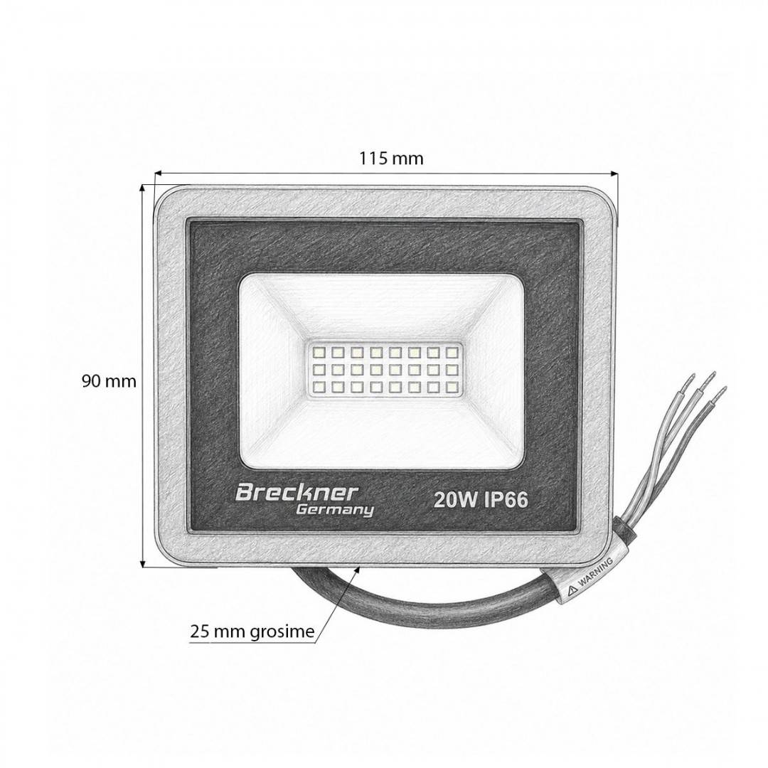 Proiector LED 20W, 100-265V, 6500K, 2000lm tip Flood 115x90x25mm IP66 Breckner Germany